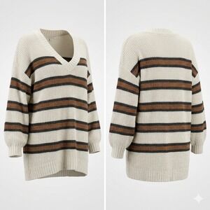 American Eagle Women Sweater L Striped V-Neck Oversized Cream Brown 0348-5240